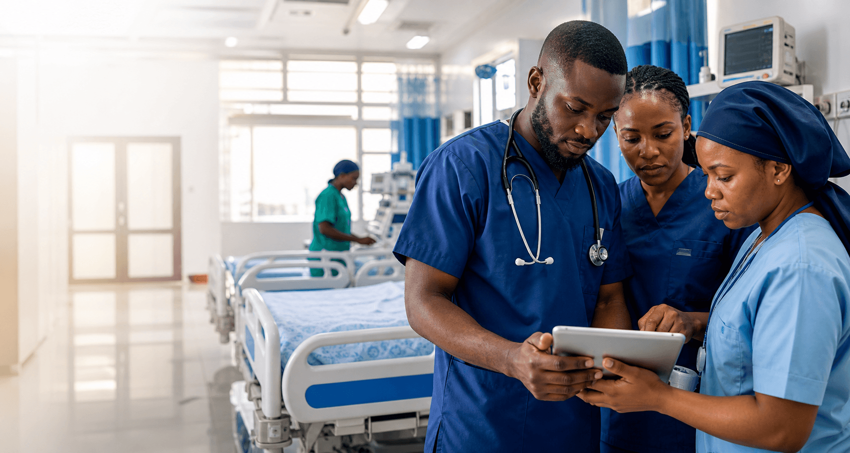 Nigerian doctors and nurses using a tablet in a hospital ward